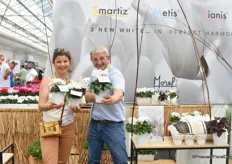 Heloise Morel and  Guy Schertzer of Morel Diffusion with New whites in Smartiz, Metis, and Tianis. New in the catalog 2023-25. They all share same feature of round canopy and they bring a lot of flower very prolific flower power.